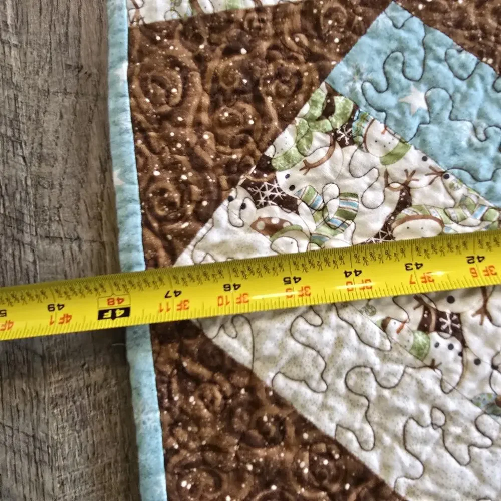 Handmade Snowman Christmas Quilt Throw Blanket Brown Blue 48x42 Lap Quilt Cozy